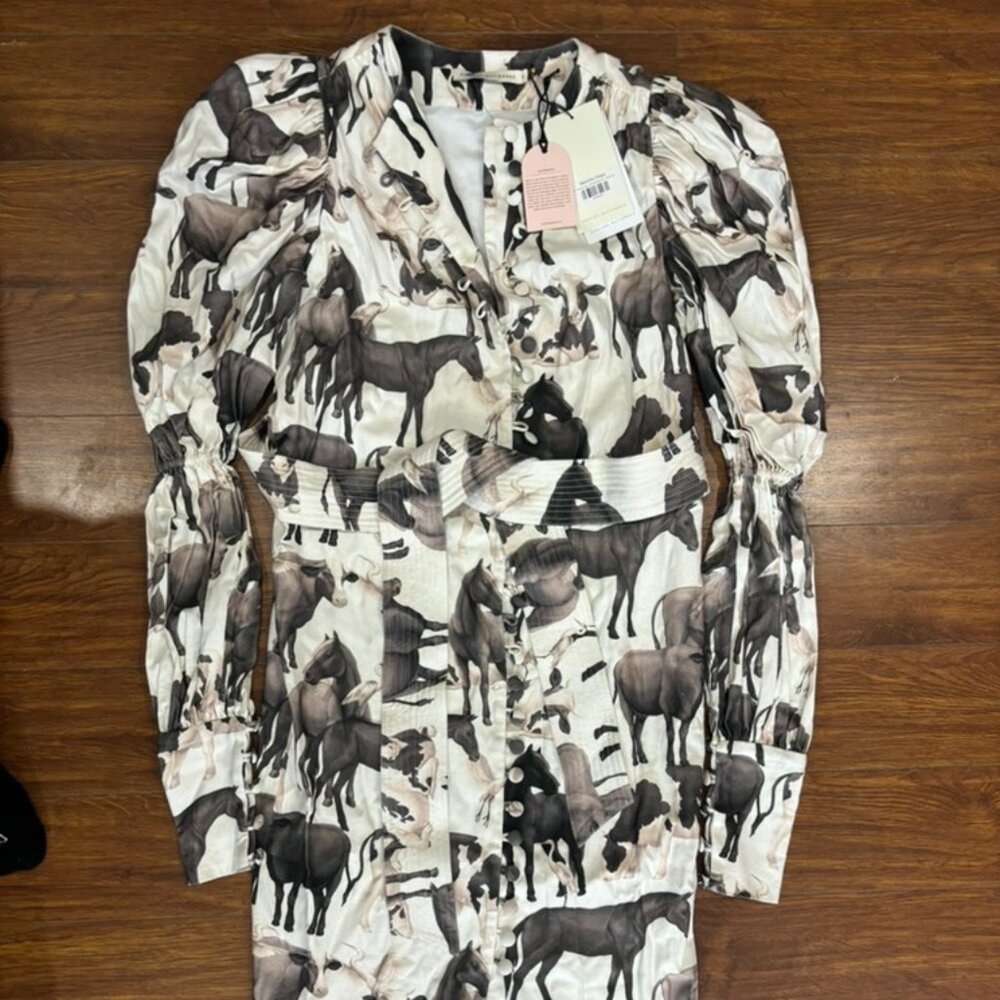 Zunilda Gutierrez cow horse print Mancha dress Size S Puff Long Sleeve NWT